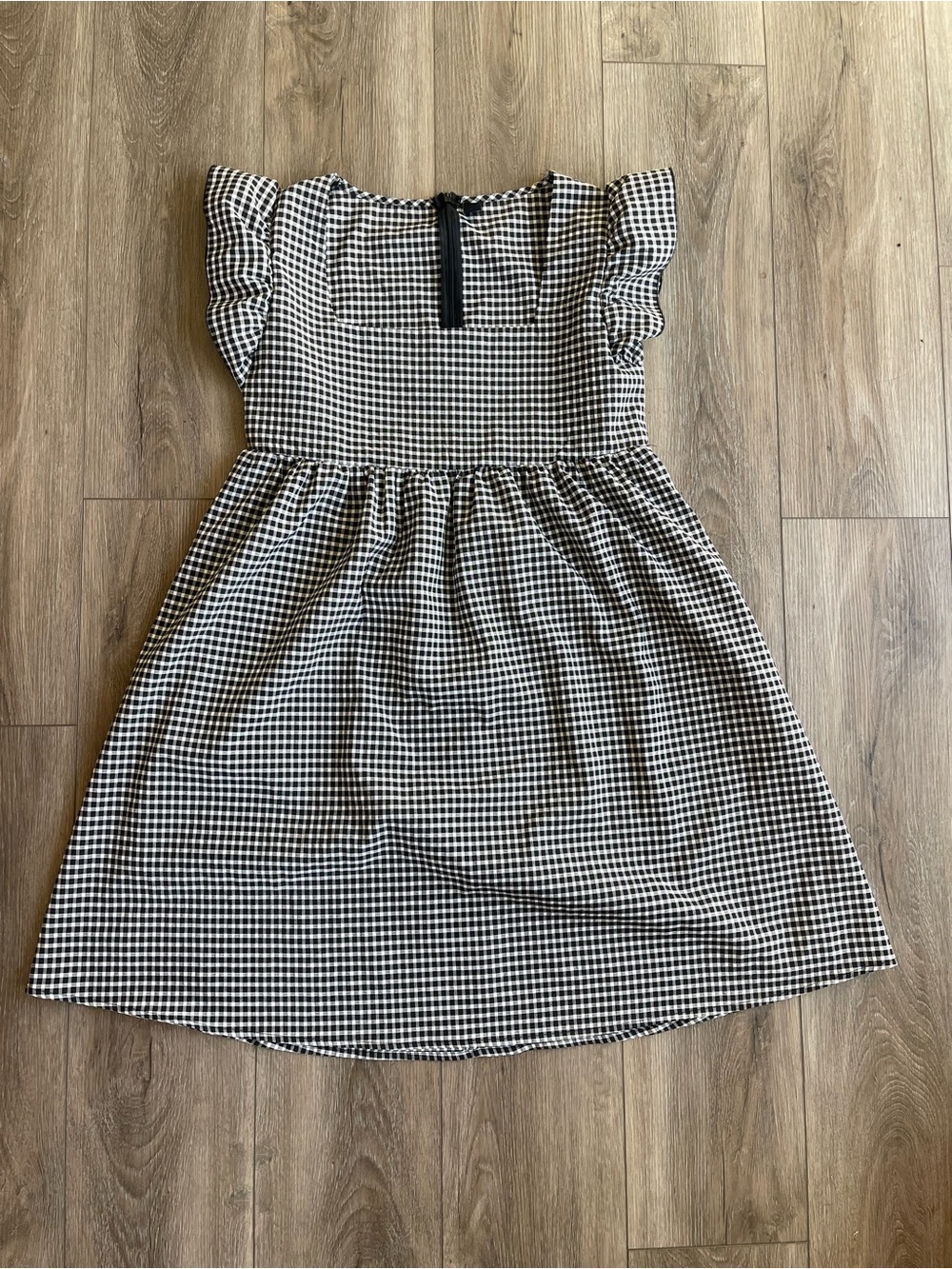 Women’s' Black & White Gingham Flutter-Sleeve Babydoll Dress